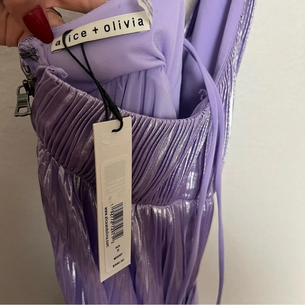NEW Alice + Olivia Pleated Flowy Halter Midi Dress Metallic Purple Size 0 - Picture 11 of 13